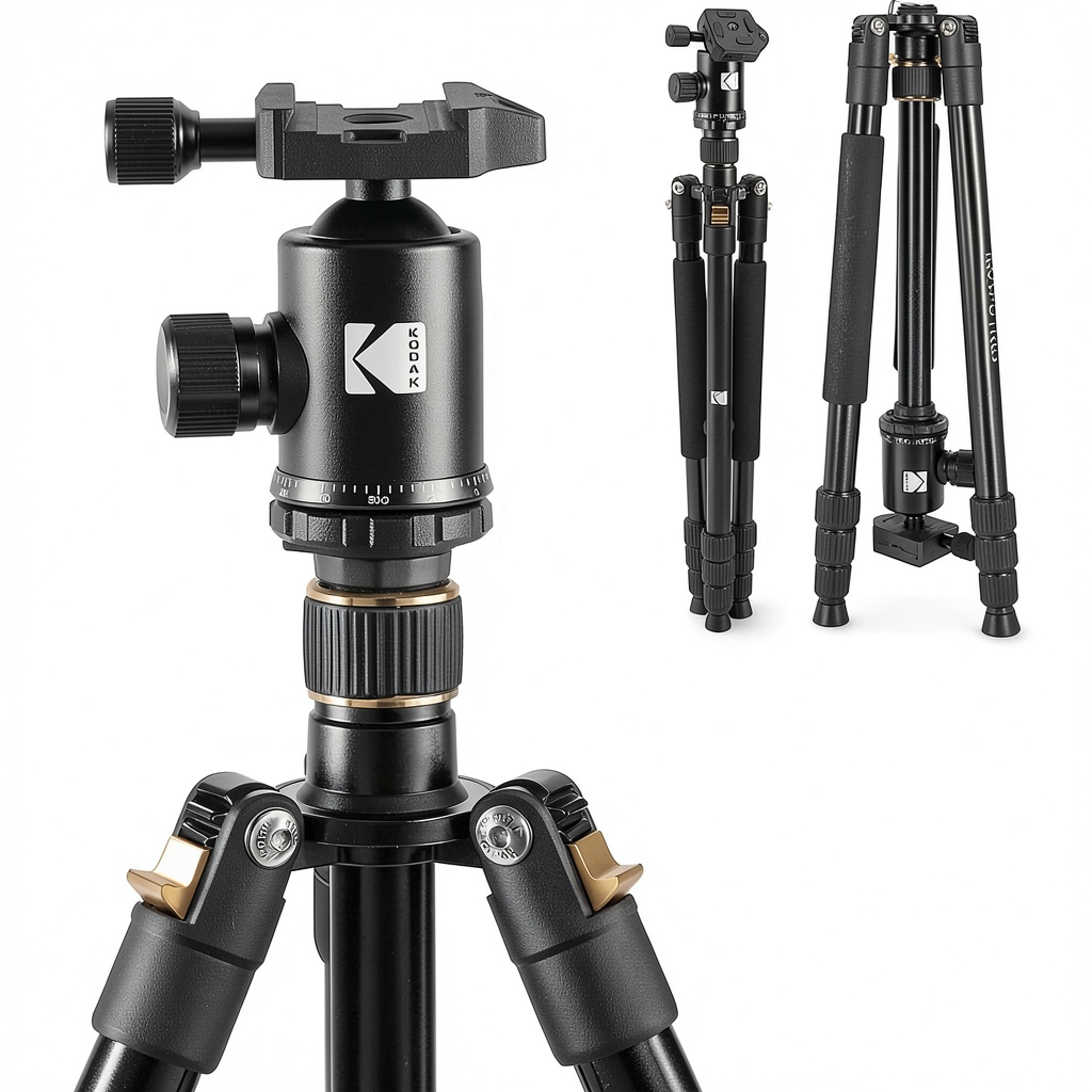 Kodak Photo Gear Tripod Monopod 360 Ball Head Travel set up with DSLR camera in outdoor setting