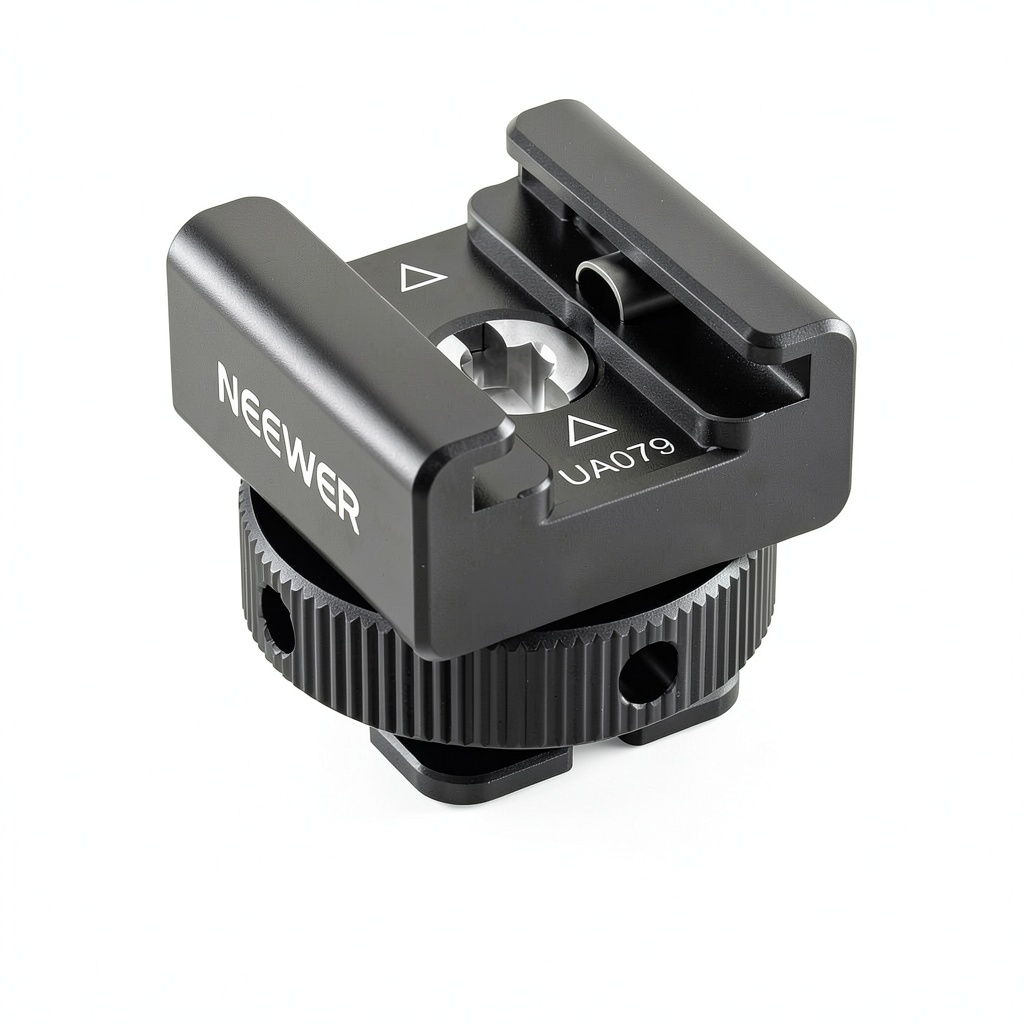 Neewer Cold Shoe Mount Adapter attached to a camera cage with a wireless microphone