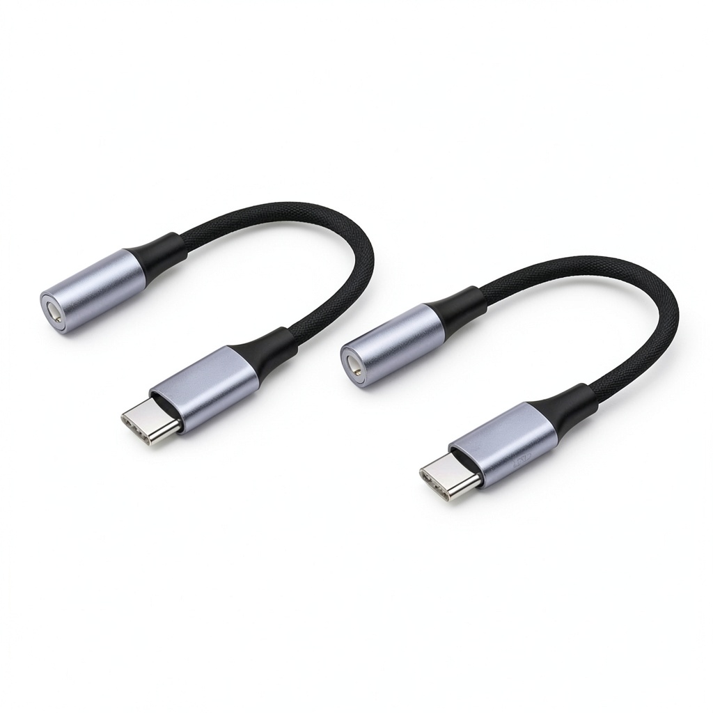 USB-C to 3.5mm adapter connected to an iPhone 15 and headphones