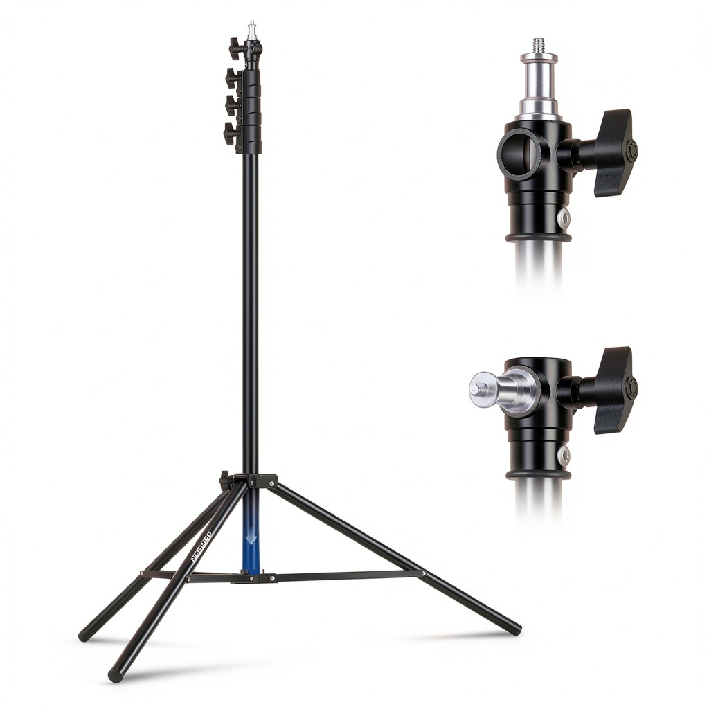 Neewer light stand extended to full height with camera attached