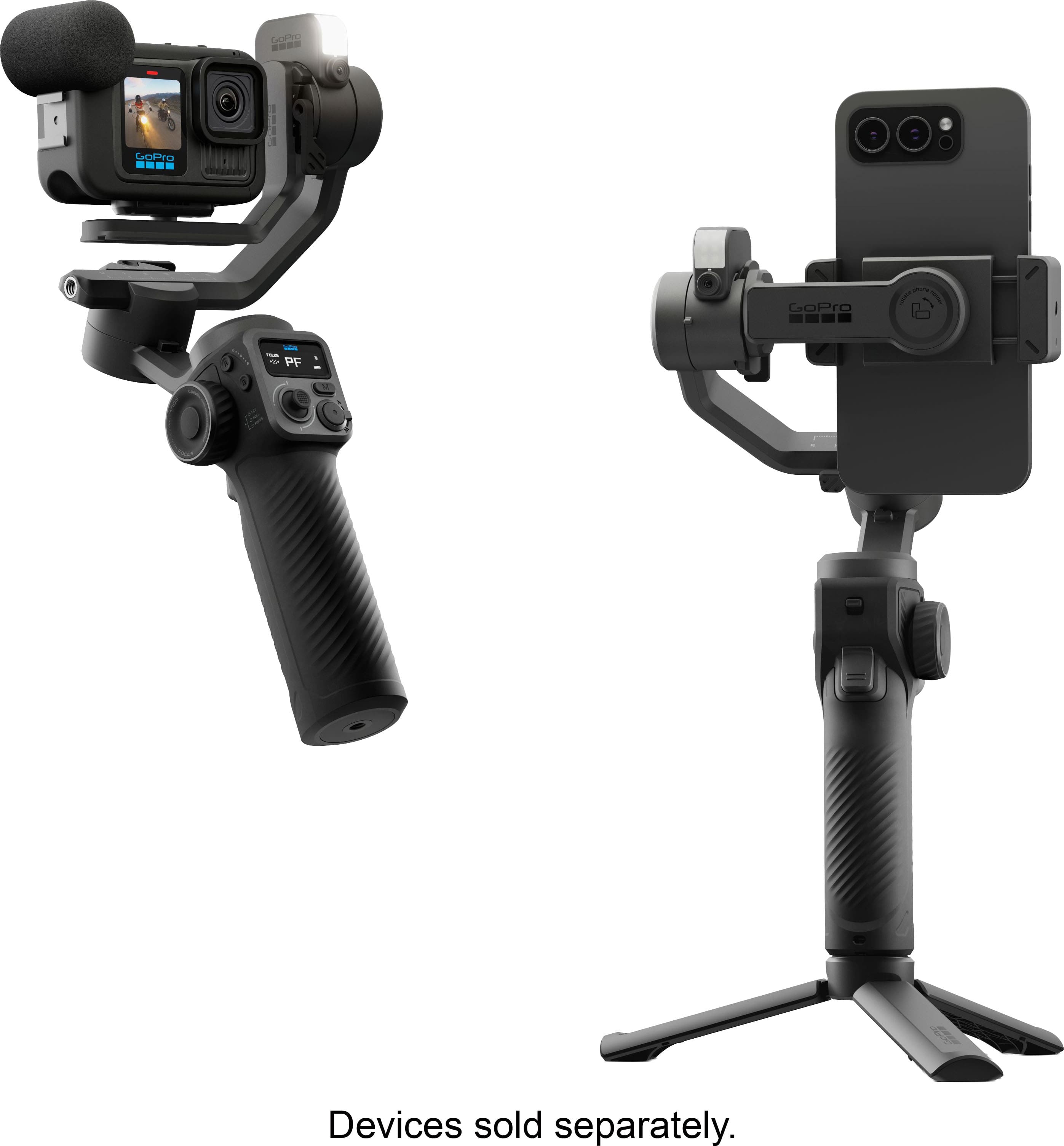 Pavo Gimbal in use with a smartphone and GoPro camera