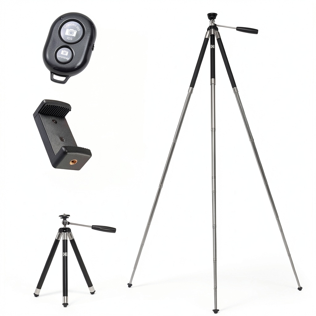 'Kodak Tripod set up with camera in outdoor setting'