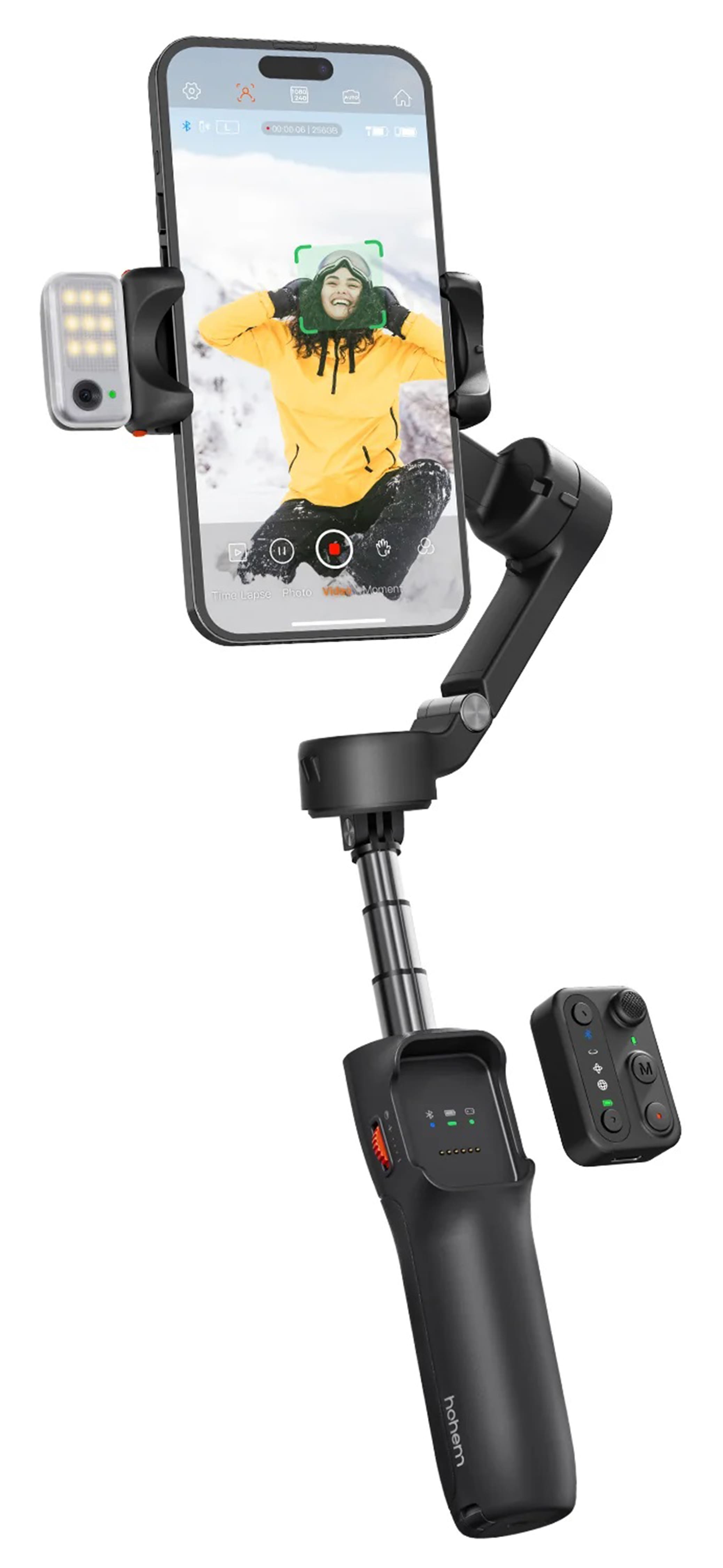 Hohem iSteady V3 Gimbal in use with smartphone showing AI tracking