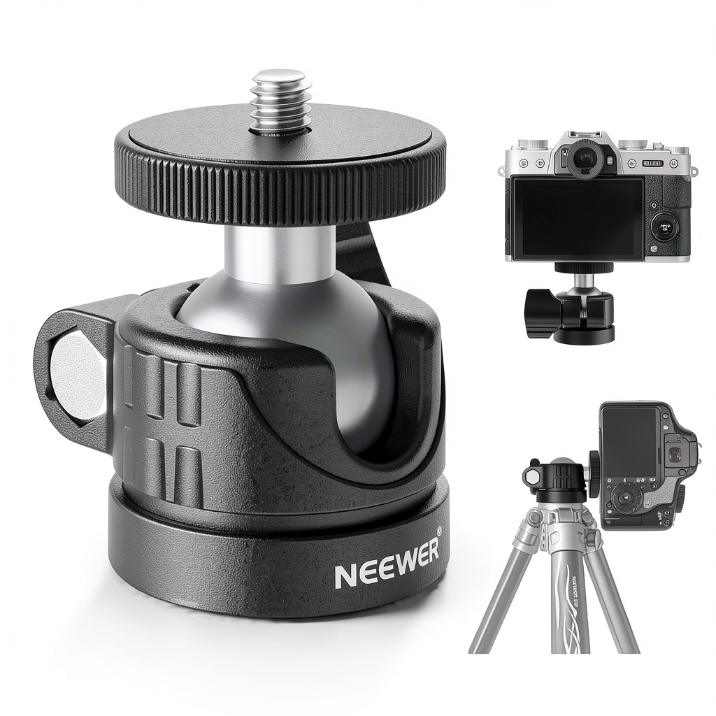 'Neewer Basic Mini Ball Head mounted on a tripod with a camera attached'