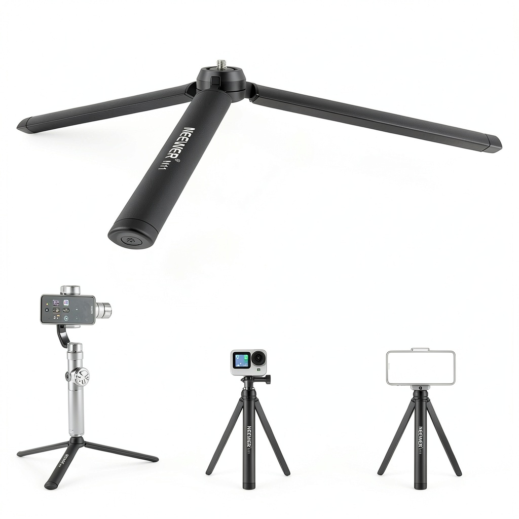 Installing Neewer Mini Metal Tripod Sturdy Stable Camera Stand on a wooden desk