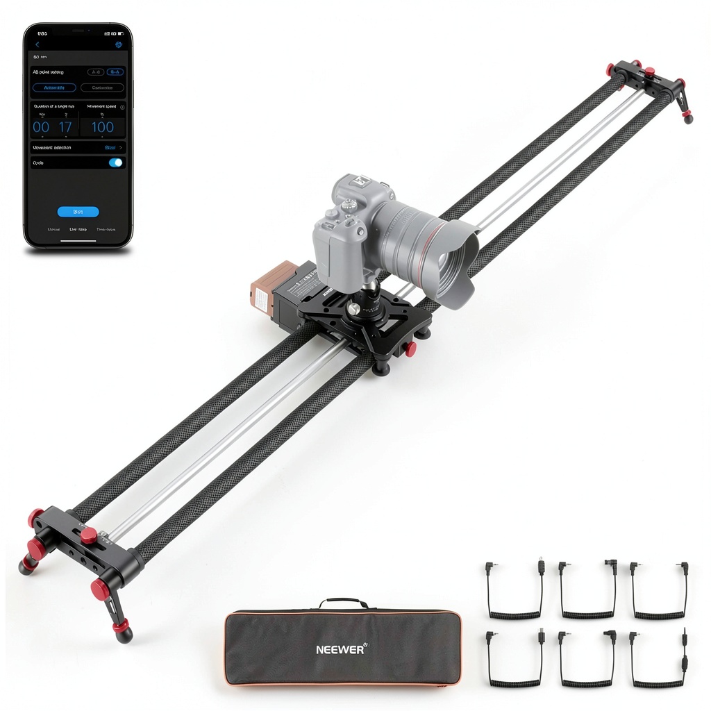Neewer camera slider mounted on a tripod in a studio setup