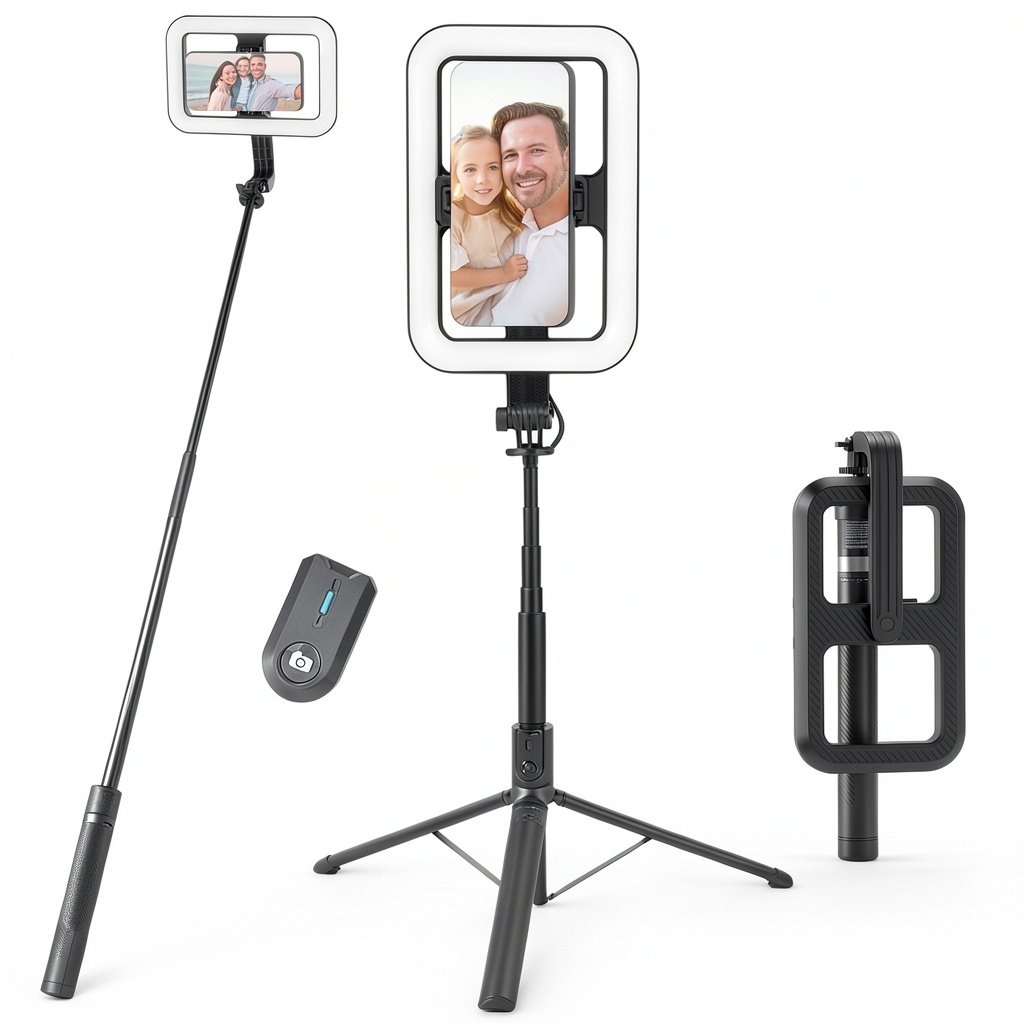 Neewer Basics selfie light extended on tripod stand in a studio setting