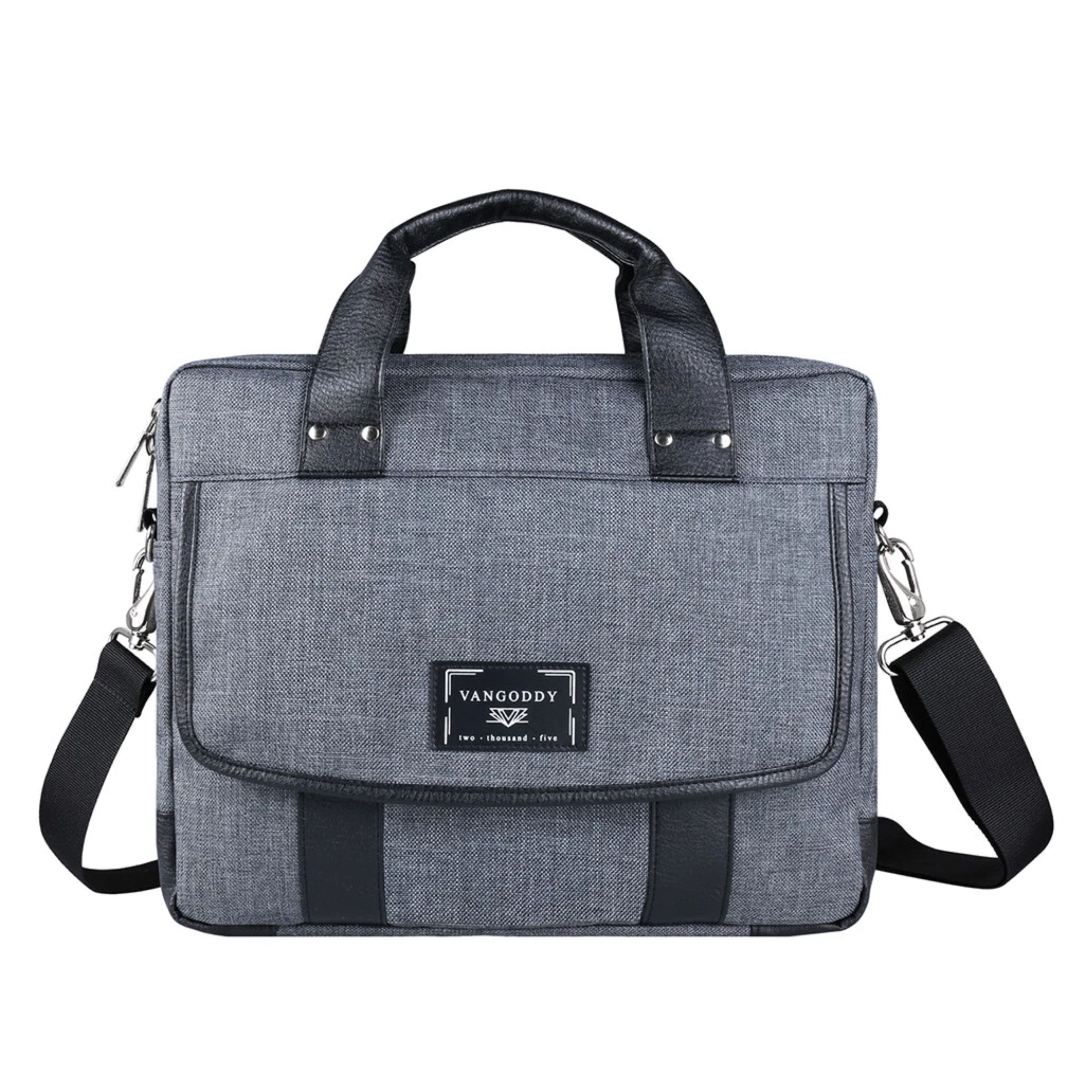Micro twill messenger bag showing front magnetic pocket and zippered compartments