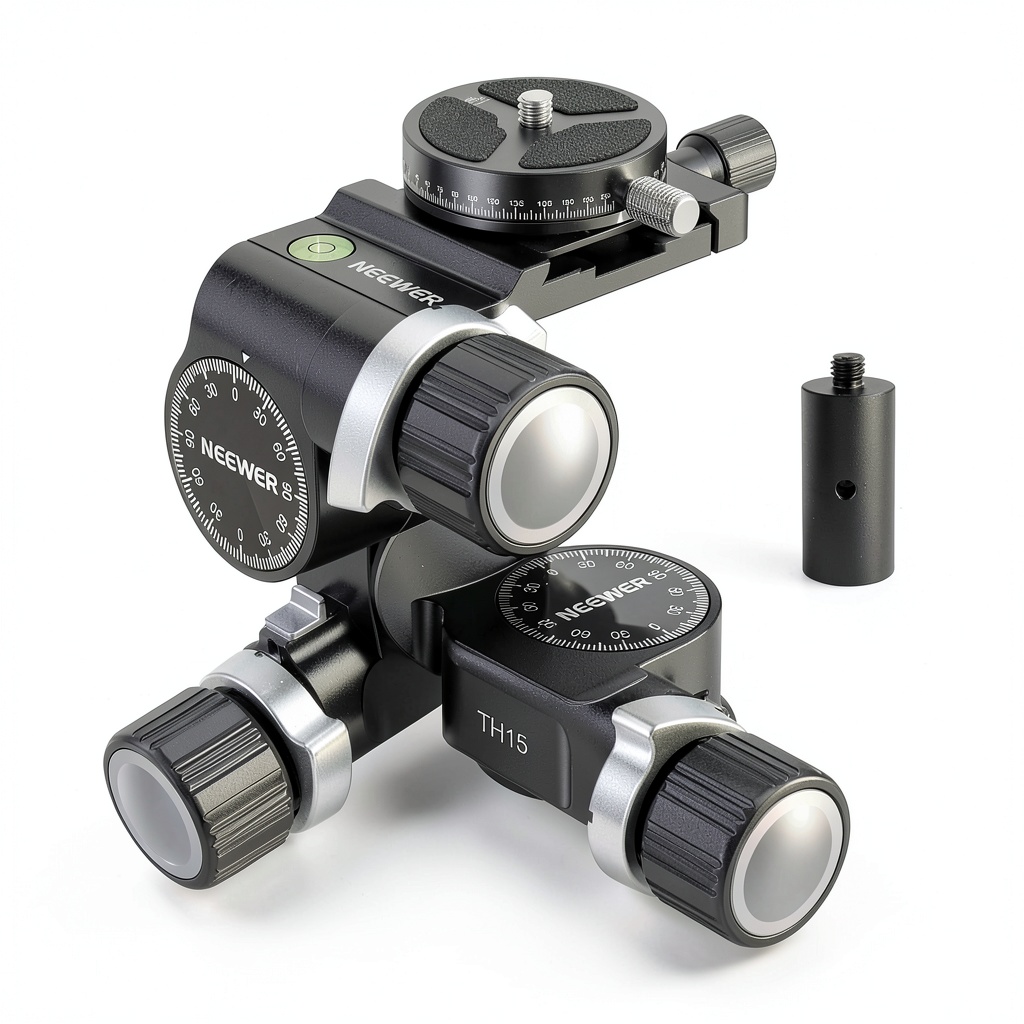 Neewer TH15 tripod head mounted on a tripod with camera attached