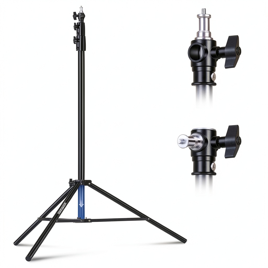 'Neewer light stand extended to full height in a studio setup'