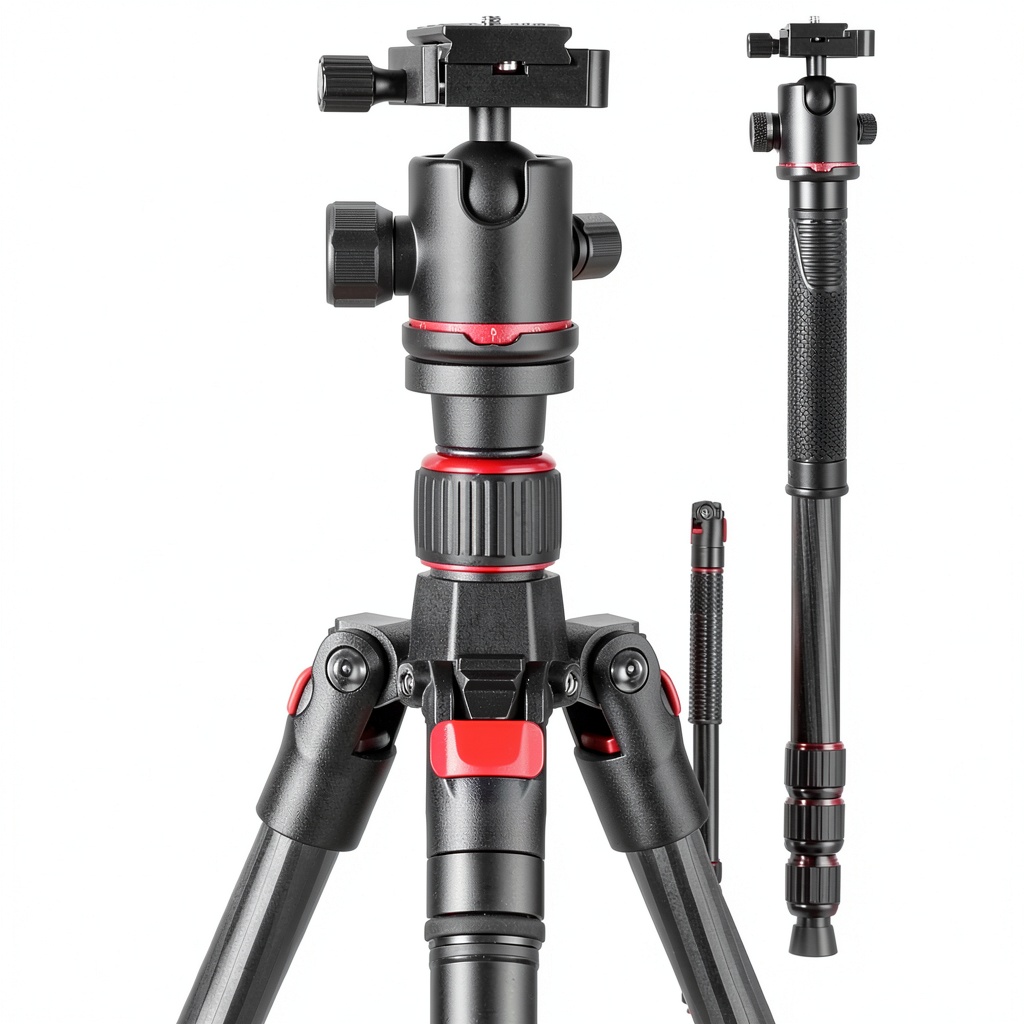 NEEWER carbon fiber tripod set up with DSLR camera in outdoor setting
