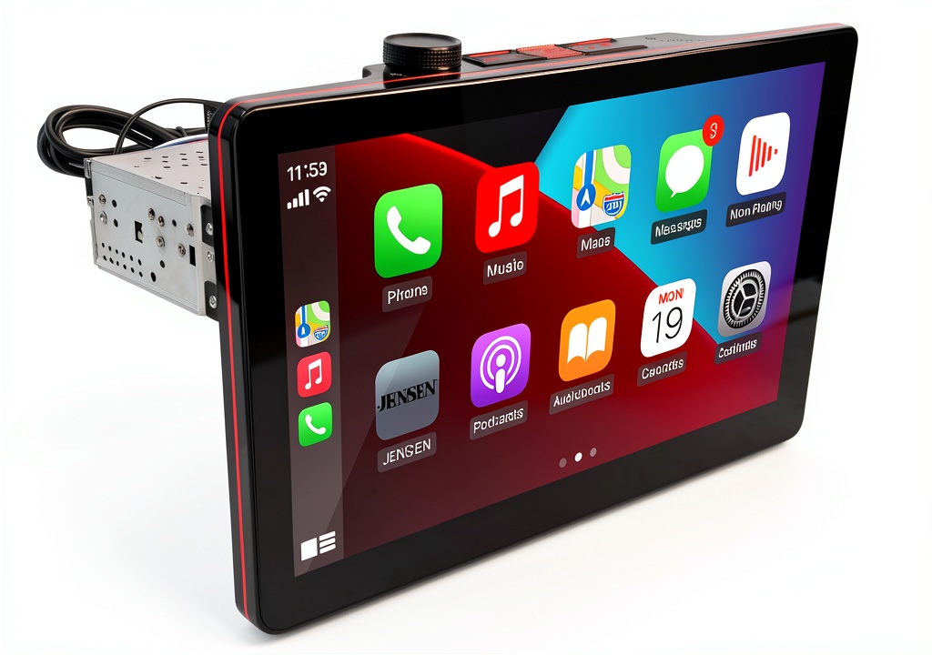 Jensen J5UP10 car stereo installed in a vehicle dashboard