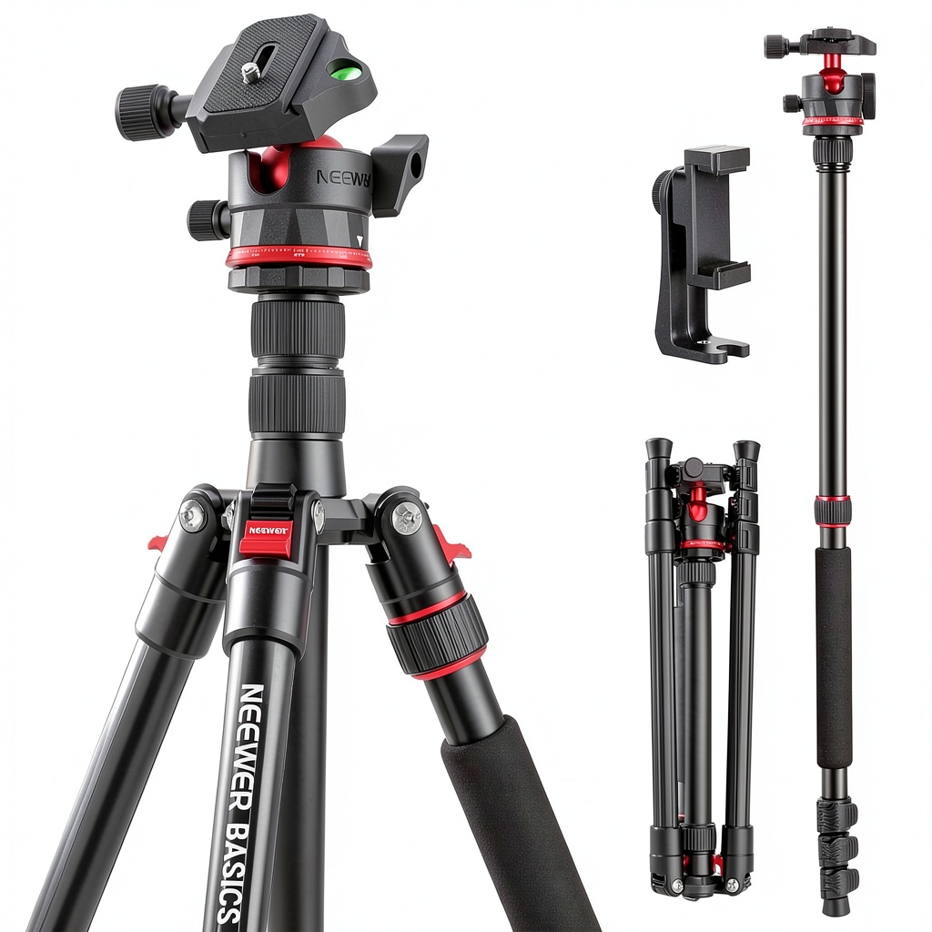'Neewer Basics tripod folded compactly for travel'