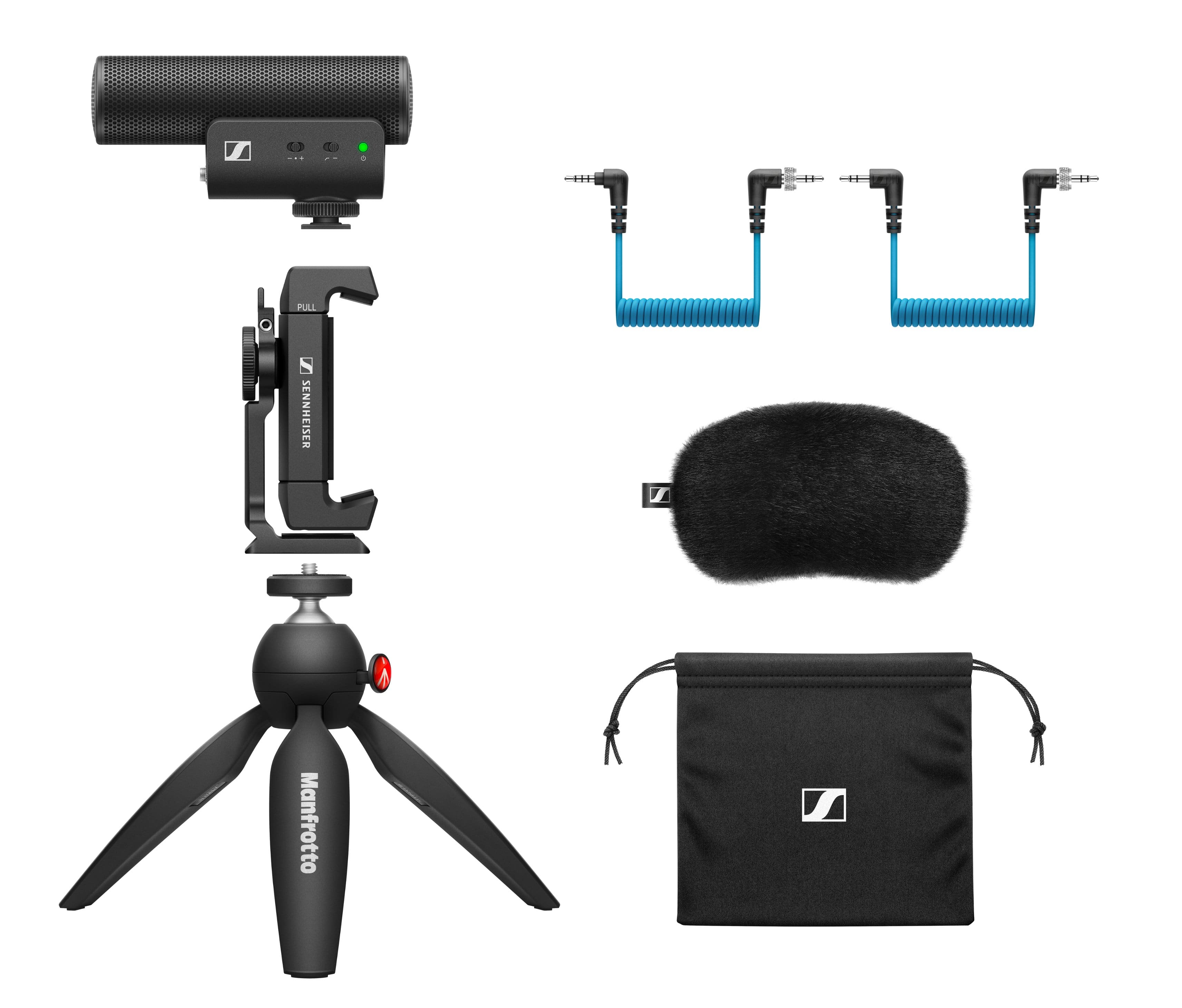 Sennheiser MKE 400 Mobile Kit setup on smartphone with tripod on wooden table