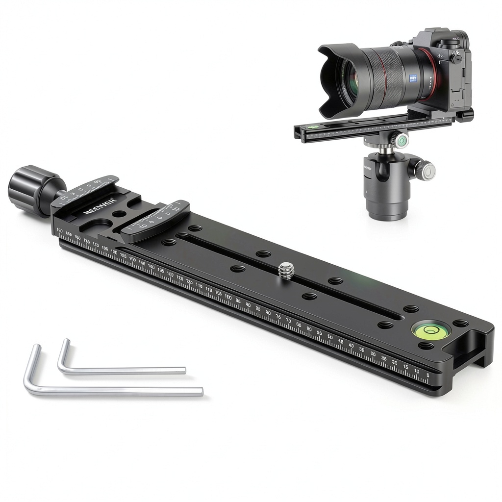 Neewer 200mm Nodal Slide mounted on a tripod with camera attached