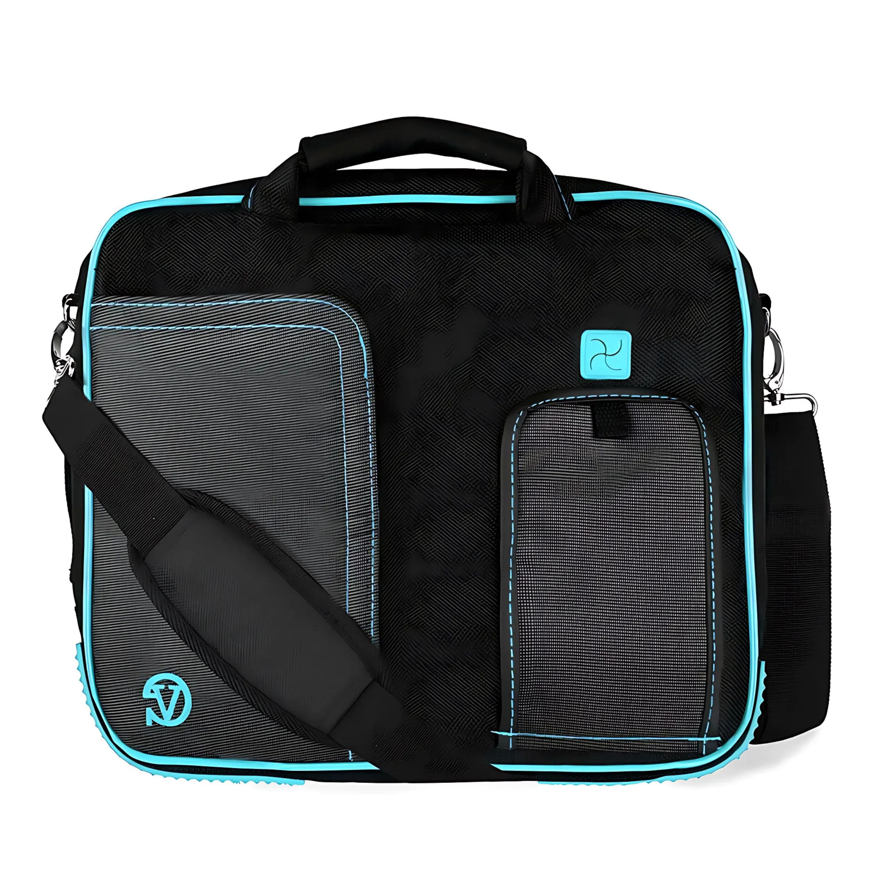 Aqua tablet shoulder bag showing front zipper pocket and touchscreen access