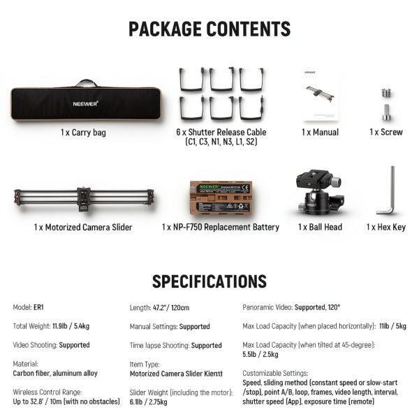 Neewer Motorized Camera Slider Carbon Fiber App Control ER1-6