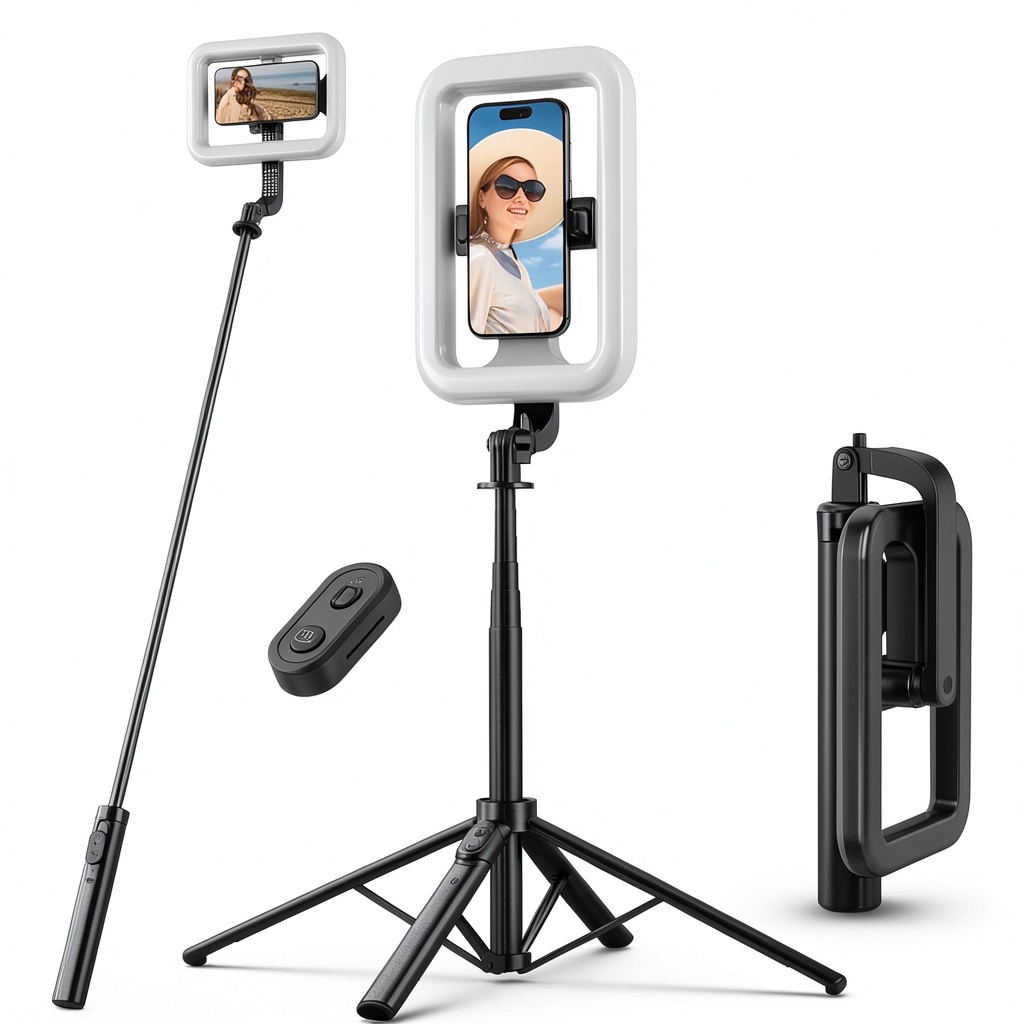 MyBat Pro Spotlight Tripod with LED ring light extended to full height