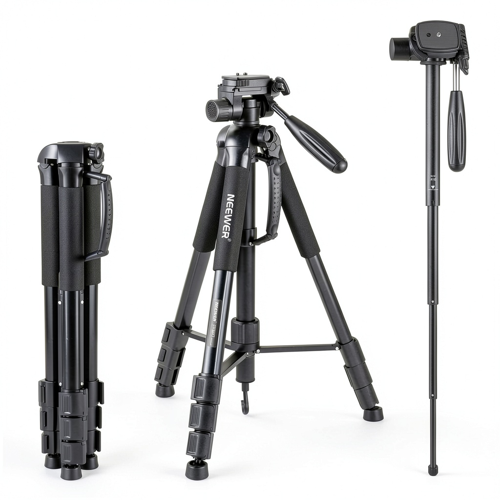'Neewer 2-in-1 Tripod Monopod set up with a DSLR camera in an outdoor setting'