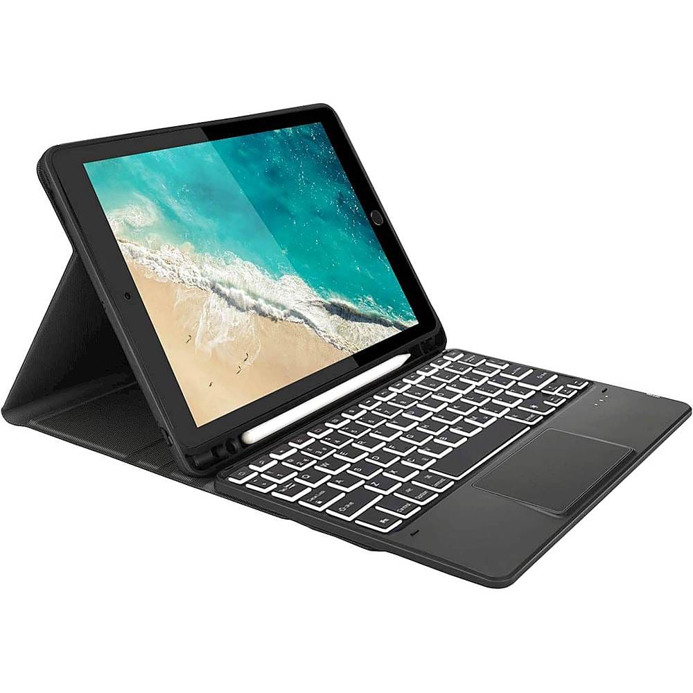SaharaCase iPad keyboard case showing the backlit keyboard and mouse pad in use