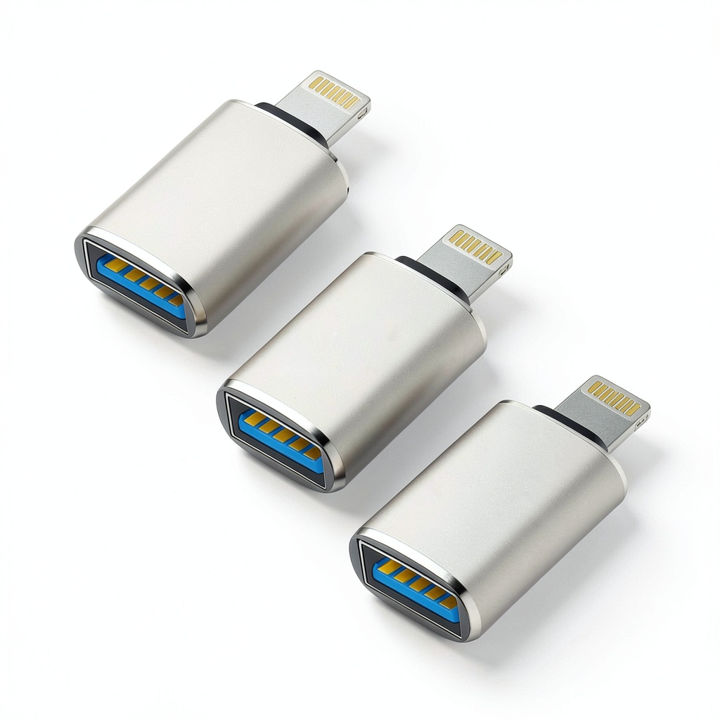 USB to Lightning adapter connected to an iPhone with a keyboard and flash drive