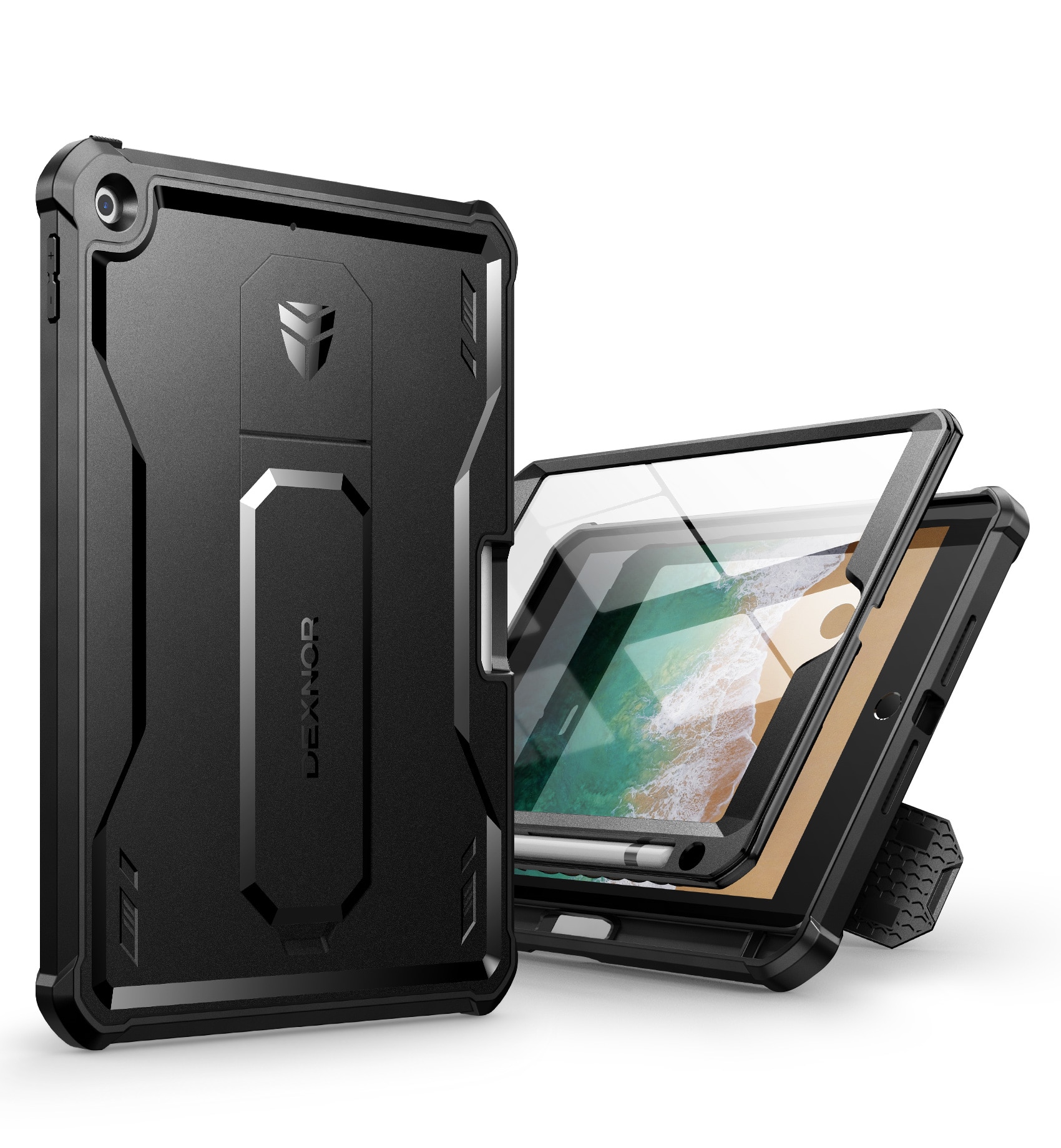 Dexnor iPad case showing front and back views with kickstand extended